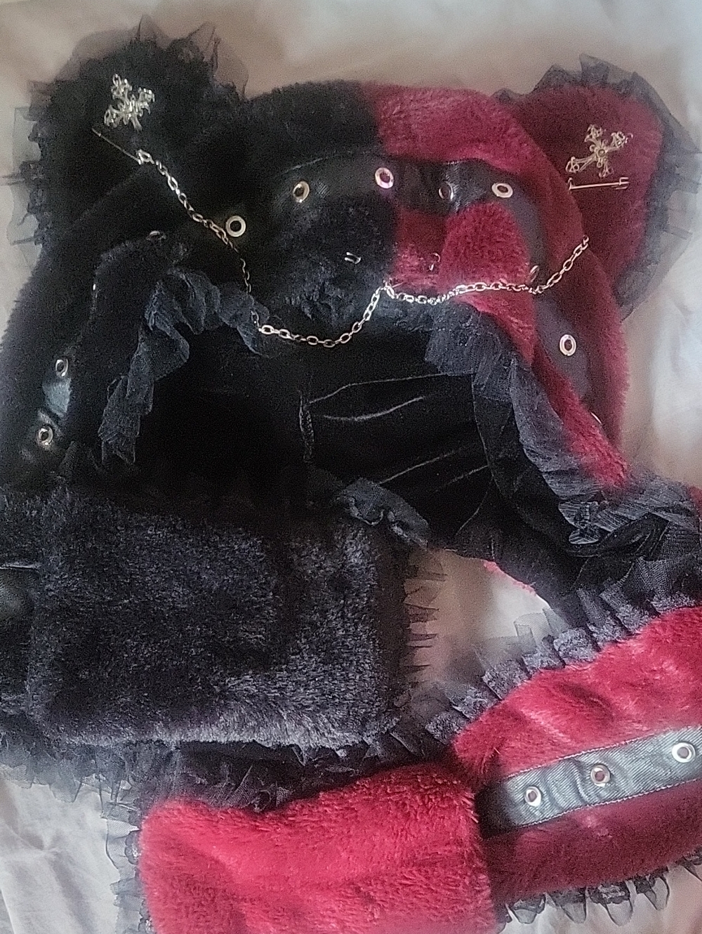 Faux Fur Cat Ears Hooded Scarf Black and Burgundy